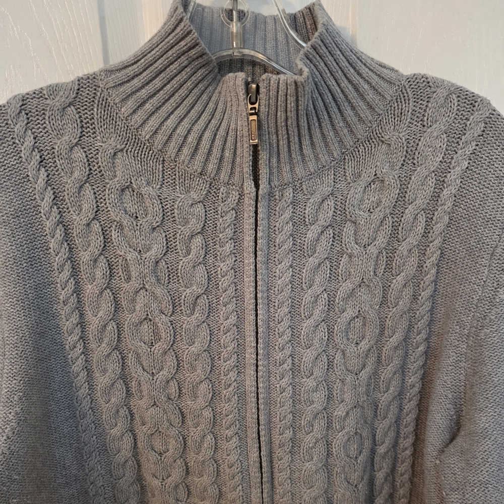 L.L. Bean Women Fisherman Grey Cable Knit Sweater Full Front Zip L - Picture 3 of 12